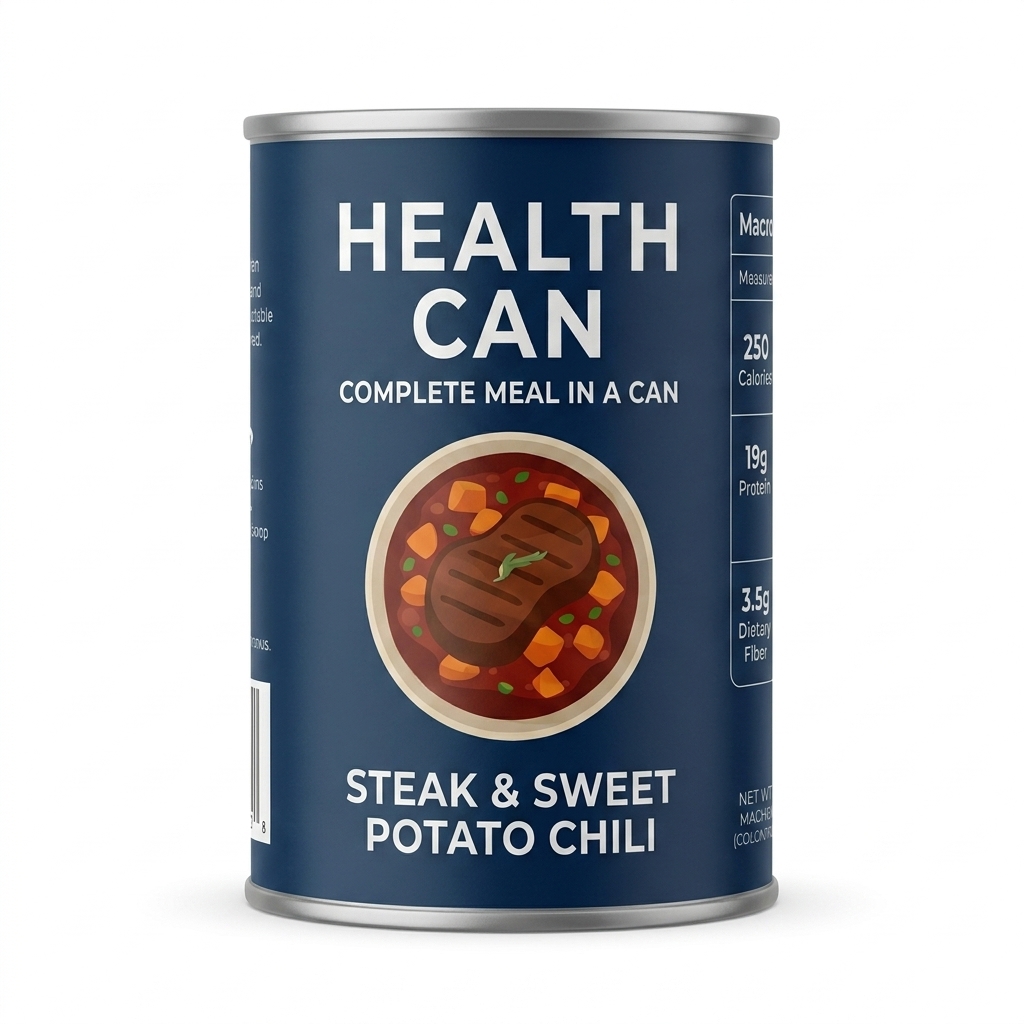 A Health Can meal can placed on a natural wood surface