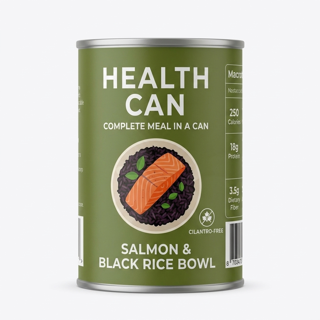 A Health Can salmon meal can displayed on a dark surface